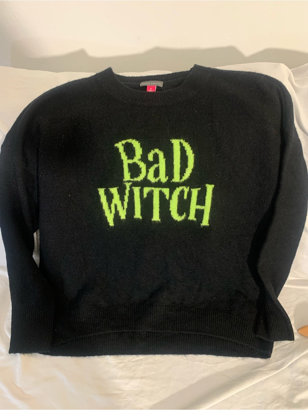 Vince Camuto Black Crewneck Sweater with Neon Green 'Bad Witch' Graphic